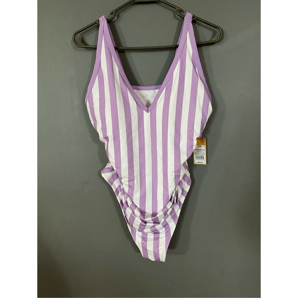 Kona Sol One Piece V-neck Striped Swimsuit Size 16W   NWT
